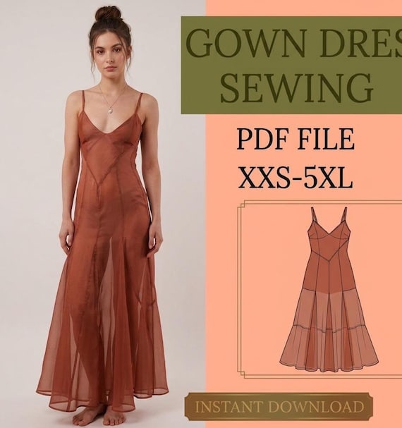 Evening Gown Sewing Pattern Formal V Neck Maxi Dress XXS-5XL Bridesmaid Slip Digital Download