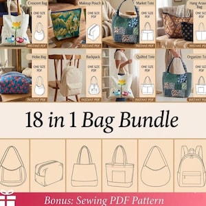 Op de afbeelding: Een digitale collectie getiteld 18 in 1 Bag Bundle met diverse naaipatronen voor tassen, waaronder een halvemaanvormige tas, make-uptas, boodschappentas, hobo-tas, rugzak en gewatteerde tas, weergegeven met voorbeelden en lijntekeningen.
