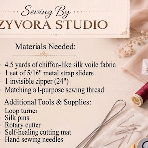 Op de afbeelding: Een gedetailleerde lijst met naaibenodigdheden en gereedschappen, waaronder stof, ritsen en naalden, wordt weergegeven op een cr&egrave;mekleurige achtergrond. De tekst "Sewing By ZYVORA STUDIO" staat bovenaan. Een spoel rood garen en andere naaiartikelen zijn ook zichtbaar.