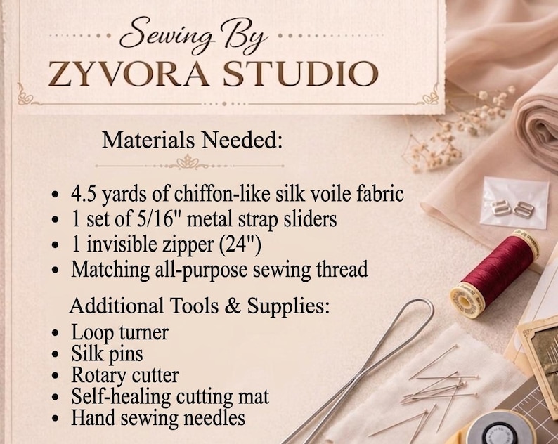 Op de afbeelding: Een gedetailleerde lijst met naaibenodigdheden en gereedschappen, waaronder stof, ritsen en naalden, wordt weergegeven op een cr&egrave;mekleurige achtergrond. De tekst "Sewing By ZYVORA STUDIO" staat bovenaan. Een spoel rood garen en andere naaiartikelen zijn ook zichtbaar.