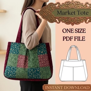 Market Tote Bag Sewing Pattern PDF | Quilted Canvas Grocery Shopper | Beginner Friendly A4