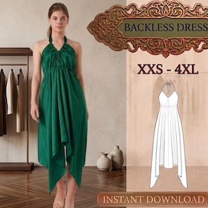 Kit de costura em PDF para vestido longo de cetim com decote halter e costas abertas, ideal para baile de formatura e ocasiões formais (tamanhos XXS a 4XL). Download instantâneo.