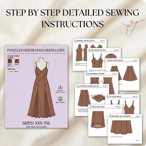 A guide for a pleated mini dress with step-by-step sewing instructions. The guide includes a diagram of the dress, color-coded fabric details, and sizes XXS-5XL. The guide also includes diagrams for sewing the neckline, shoulder slides, and side seams.