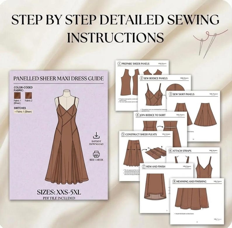 A guide for a pleated mini dress with step-by-step sewing instructions. The guide includes a diagram of the dress, color-coded fabric details, and sizes XXS-5XL. The guide also includes diagrams for sewing the neckline, shoulder slides, and side seams.