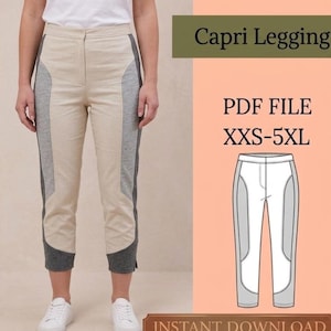 May include: Capri leggings in a neutral color scheme with gray side panels. The image shows a person wearing the capri leggings, along with a diagram and the text "PDF FILE XXS-5XL" and "INSTANT DOWNLOAD".