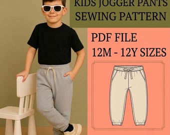 Cartamodello per pantaloni da jogging per bambini, pantaloni della tuta per ragazzi in formato PDF, pantaloni da casa per bambini da 12 mesi a 12 anni, download immediato.
