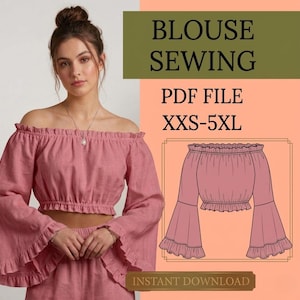 Może przedstawiać: Różowa bluzka z odkrytymi ramionami, z długimi, rozkloszowanymi rękawami i falbanką u dołu. Obraz zawiera tekst "BLOUSE SEWING PDF FILE XXS-5XL" oraz rysunek bluzki. Widoczne są również słowa "INSTANT DOWNLOAD".