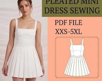 Minijurk naaipatroon PDF met vierkante halslijn, zomerjurk voor dames XXS-5XL, digitale download.