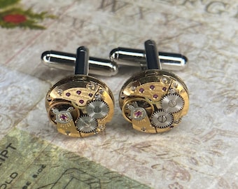 Steampunk Cufflinks: Vintage Gold Circular Watch Movements, Cuff Links Jewelry, Gift for Men