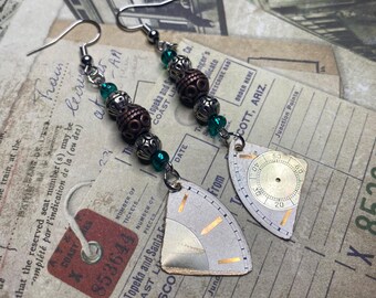 Steampunk Elgin Watch Dial Earrings: Teal, Silver and Copper Beads, Gift for Women