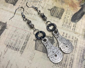 Steampunk Dangle Earrings: Vintage Silver Floral Etched Balance Cocks with Gears Beads, Gift for Women