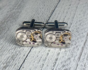 Steampunk Cufflinks: Vintage Silver Soviet Era Watch Movements, Pinstriped Jewelry, Gift for Men