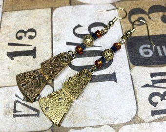 Steampunk Dangle Earrings: Vintage Fusee Pocket Watch Balance, Gears, Gold and Rust Beads, Gift for Women