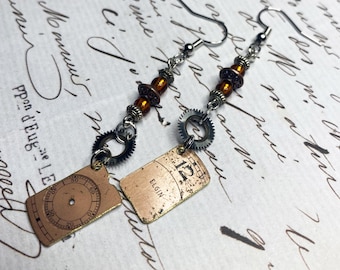Steampunk Earrings: Vintage Elgin Pocket Watch Dial Pendants, Copper and Silver Beads, Gift for Women