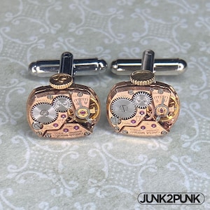 Steampunk Cufflinks: Vintage Omega Watch Movement Ruby Gold Tone Cuff Links Jewelry Gift for Men