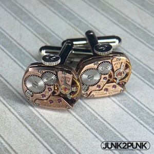Steampunk Cufflinks: Vintage Omega Watch Movement Ruby Gold Tone Cuff Links Jewelry Gift for Men