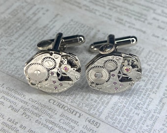 Steampunk Cufflinks: Vintage Silver Watch Movements, Cuff Links Jewelry, Gift for Men