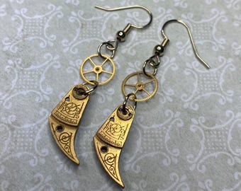 Steampunk Dangle Earrings: Vintage Gold Floral Etched Balance Cocks with Gears, Gift for Women