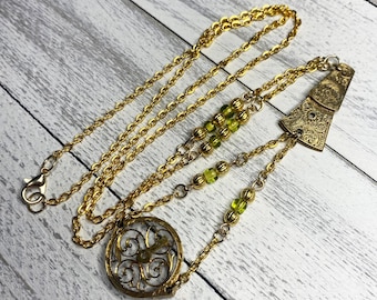 Steampunk Necklace: Vintage Fusee Watch Movement Bridges, Gold and Green Beads, Gifts for Women