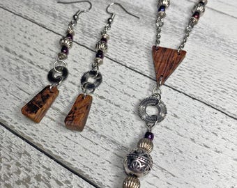 Steampunk Boho Halsband och Örhängen: Ebenholtshängen, Kugghjul och Silverpärlor, Presenter för Kvinnor