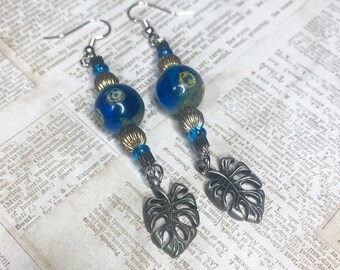 Steampunk Earrings: Pewter Leaf, with Earthly Blue Beads and Gears, Gift for Women