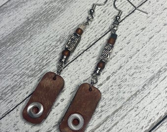 Wood Boho Earrings: Dangle Pendants with Pocket Watch Gears & Beads Jewelry, Gift for Women