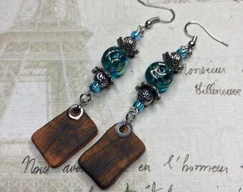 Pink Iovry Boho Earrings: Dangle Pendants with Aquamarine Beads and Gears Jewelry, Gift for Women