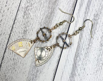 Steampunk Earrings: Vintage Waltham Watch Dial Pendants, Gold Gears, Gift for Women
