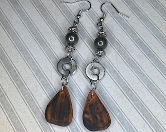 Pink Iovry Boho Earrings: Dangle Pendants with Hematite and Gears Jewelry, Gift for Women