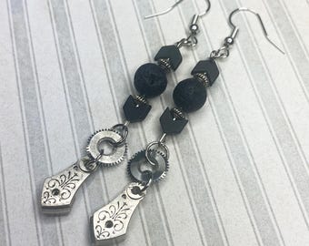 Steampunk Dangle Earrings: Vintage Silver Watch Balance Cocks & Black Lava Beads, Gift for Women