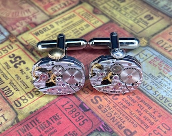 Steampunk Cufflinks: Vintage Silver Hamilton Watch Movements, Pinstriped Jewelry, Gift for Men