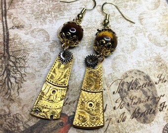 Steampunk Dangle Earrings: Vintage Pocket Watch Fusee Balance and Tiger's Eye Beads, Gifts for Women