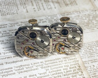Steampunk Cufflinks: Pinstriped Vintage Hamilton Silver Watch Movements, Cuff Links Jewelry Gift for Men