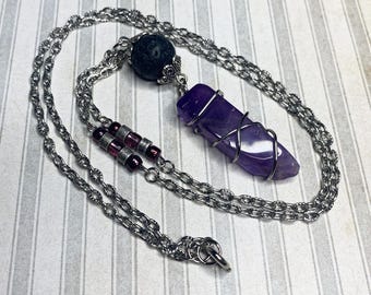 Amethyst Steampunk Necklace: Silver Chain and Black Lava Bead, Gift for Women