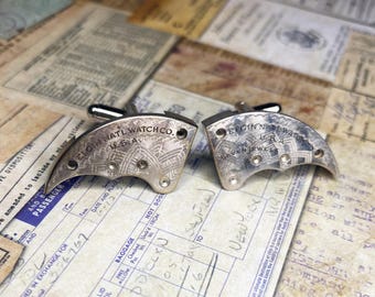 Steampunk Cufflinks: "Bat Wing" Etched Vintage Elgin Pocket Watch Plates, Torch Soldered Cuff Links, Jewelry Gift for Men