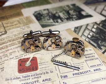 Steampunk Cufflinks and Tie Tack Pin: Vintage Gruen Curvex Watch Movements, Cuff Links Jewelry, Gift for Men