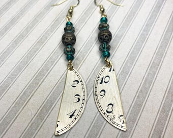 Steampunk Earrings: Elgin Pocket Watch Dial Pendants, Teal and Bronze Beads, Gift for Women