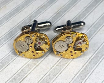 Steampunk Cufflinks: Vintage Gold Watch Movement with Silver Gears, Cuff Links Jewelry, Gifts for Men