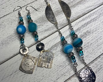 Steampunk Sand Dollar Necklace and Dangle Earrings: Watch Dial Pendants & Blue Beads, Gifts for Women