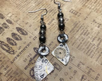 Steampunk Earrings: Vintage Waltham Watch Dial Pendants, Silver Gears and Beads, Gift for Women