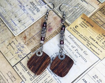 Ebony Boho Earrings: Dangle Pendants with Gears and Silver Beads Jewelry, Gift for Women