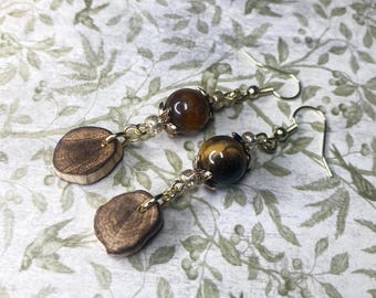 Oak Wood Boho Earrings: Dangle Pendants with Tiger's Eye Beads Jewelry Gift for Women
