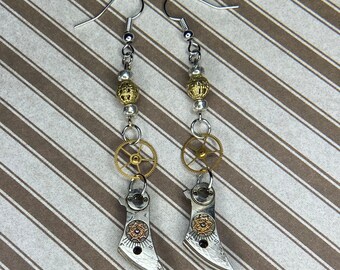 Steampunk Dangle Earrings: Vintage Silver Pocket Watch Balance Cocks & Gold Gears, Gift for Women