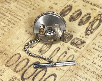 Steampunk Tie Tack Pin: Vintage Silver Eterna Matic Spinning Watch Movement, Torch Soldered, Gifts for Men