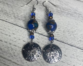 Sand Dollar Earrings: Dangle Silver Pendants with Ocean Blue Beads Jewelry, Gift for Women
