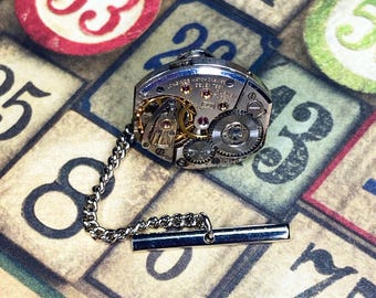 Steampunk Tie Tack Pin: Vintage Silver Longines Watch Movement, Torch Soldered, Gifts for Men