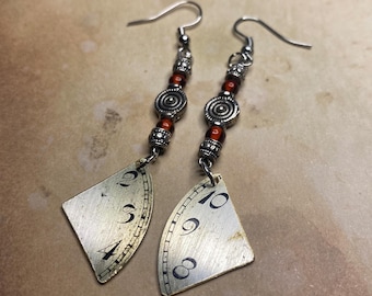 Steampunk Earrings: Vintage Elgin Watch Dial Pendant, Copper Beads, Gift for Women