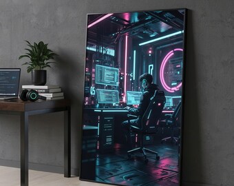 Cyberpunk Hacker Poster – Neon Futuristic Wall Art (Digital Download)
