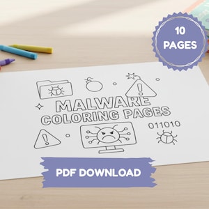 10 páginas para colorear de malware: Tema de hackers geek / Ciberseguridad (Descarga digital PDF)