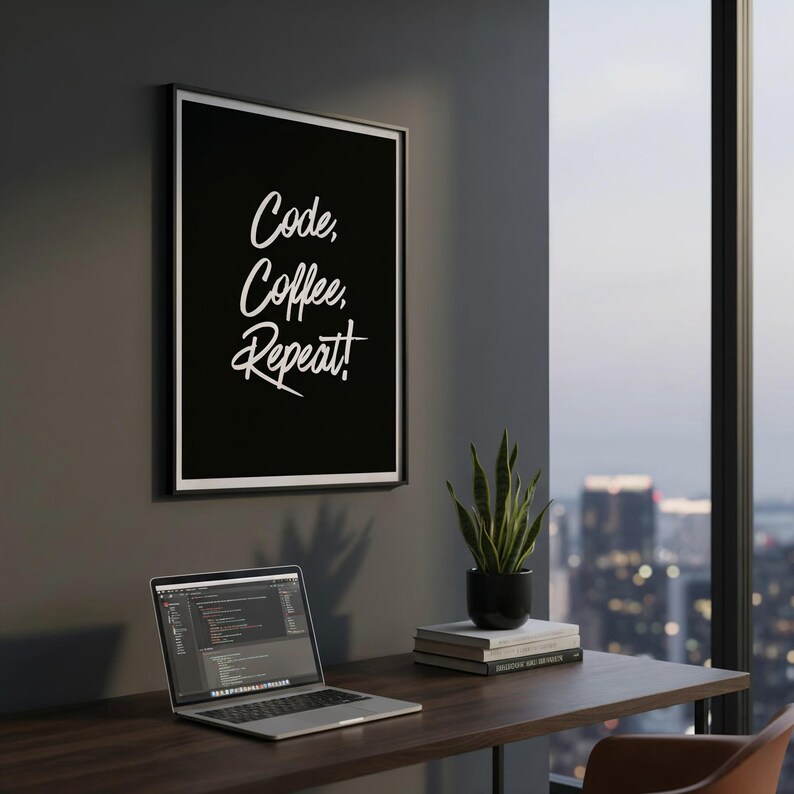 Code Coffee Repeat Poster | Coding Life Quote | Tech Cyber Wall Art Printable | Funny Tech Print